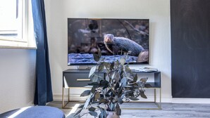 En stue med et moderne TV på et skærmstativ, en vase med grønne planter og et vindue med gardiner.