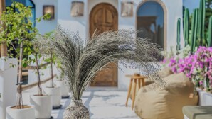 Un patio con una mesa de piedra, plantas en macetas y una puerta de madera al fondo.