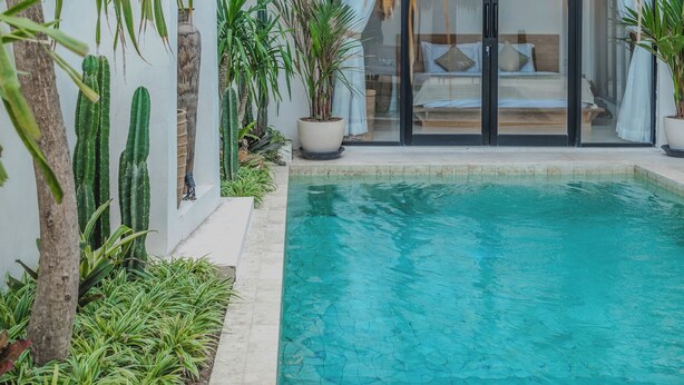 Un área de piscina con techo de paja, rodeada de plantas en macetas y un dormitorio con paredes de vidrio.