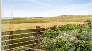 A view from a window overlooking a grassy landscape with a wooden bench and pink flowers in the foreground. - "Vili" - 100m from the sea by Interhome (Lemvig)