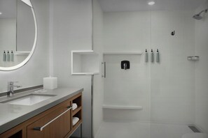 Hair dryer, towels, soap, shampoo