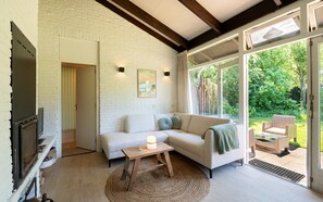 Televisie, een open haard, een filmbibliotheek en een stereo