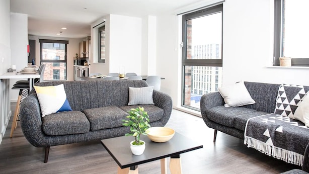 Ein modernes Wohnzimmer mit zwei grauen Sofas, einem schwarzen Couchtisch und einer Topfpflanze.