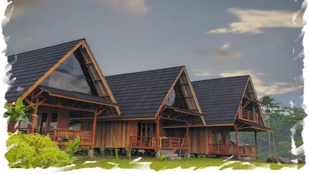 A wooden cabin with a sloped roof, a porch, and a large window. - EXPRESS O 91041 Cottage Saung Suluh (Baturaden)