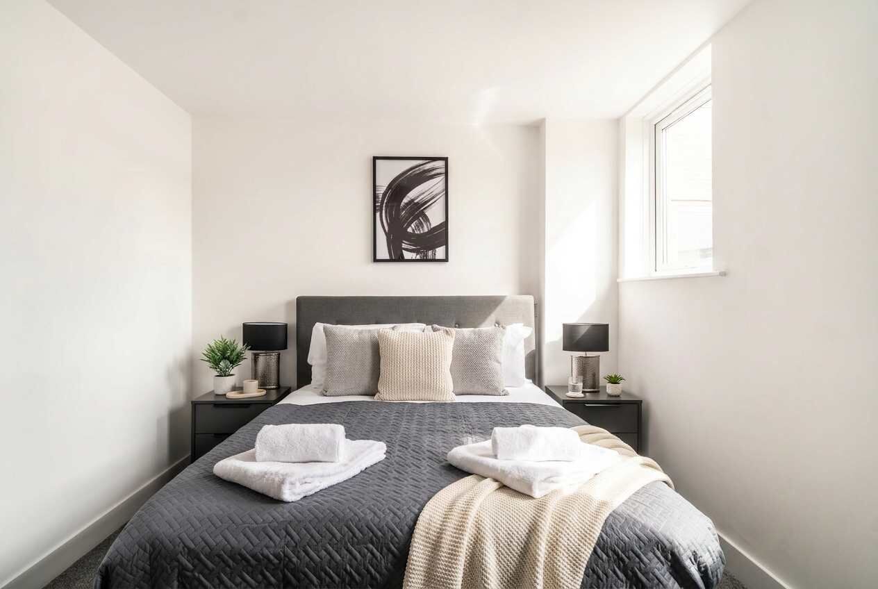 A neatly made bed with a dark quilt, two bedside tables with lamps, a wall art piece, and a window on the right.