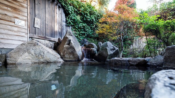 A traditional Japanese onsen with a wooden building, large rocks, and a small waterfall. - Ryokufuen Kiyoharu (Takayama)