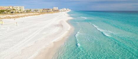 On the beach, sun loungers