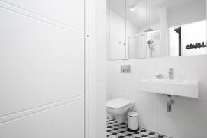 Estúdio, 1 quarto, cozinha | Banheiro | Chuveiro, toalhas de banho