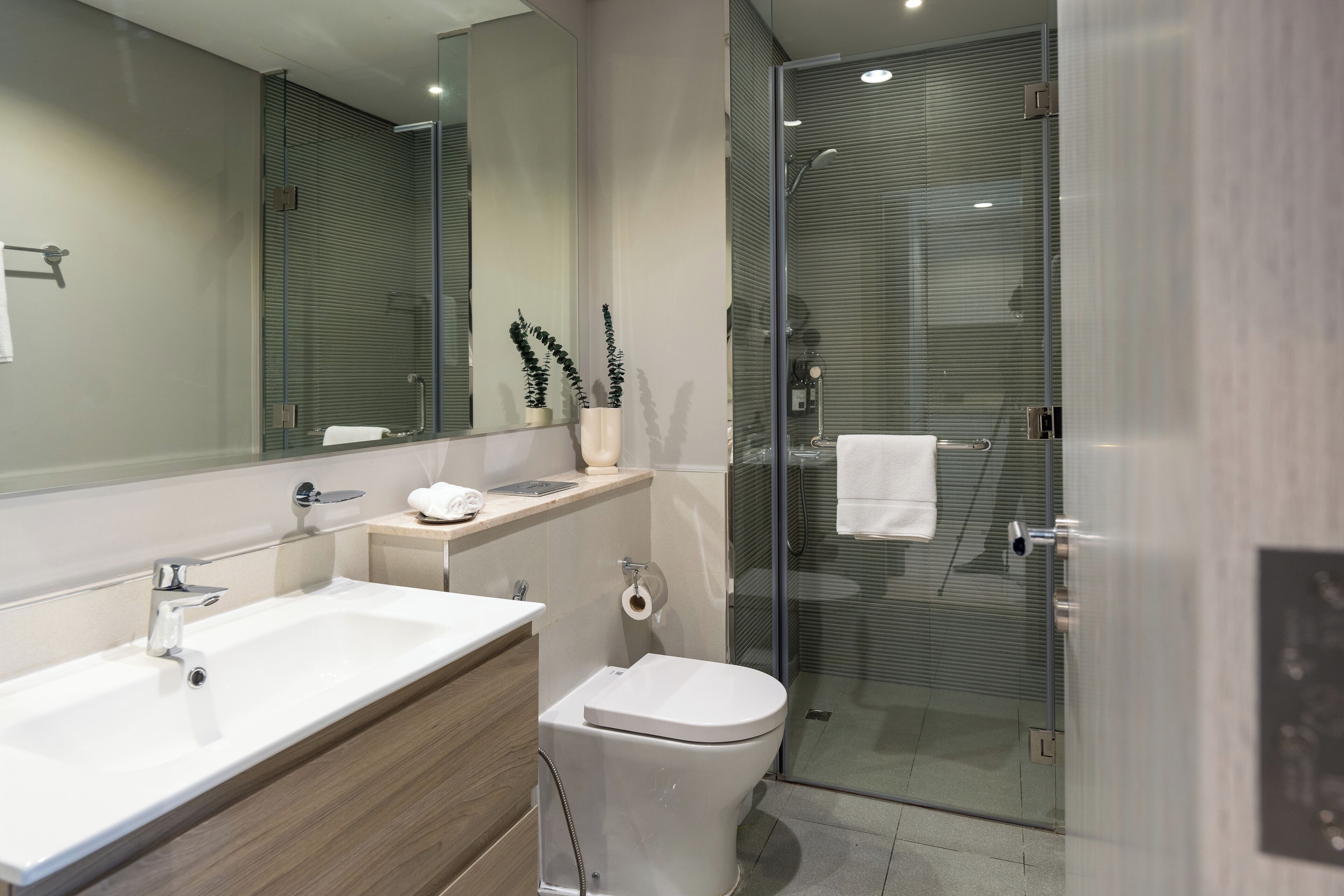 A modern bathroom with a glass-enclosed shower, a white sink, and a toilet.