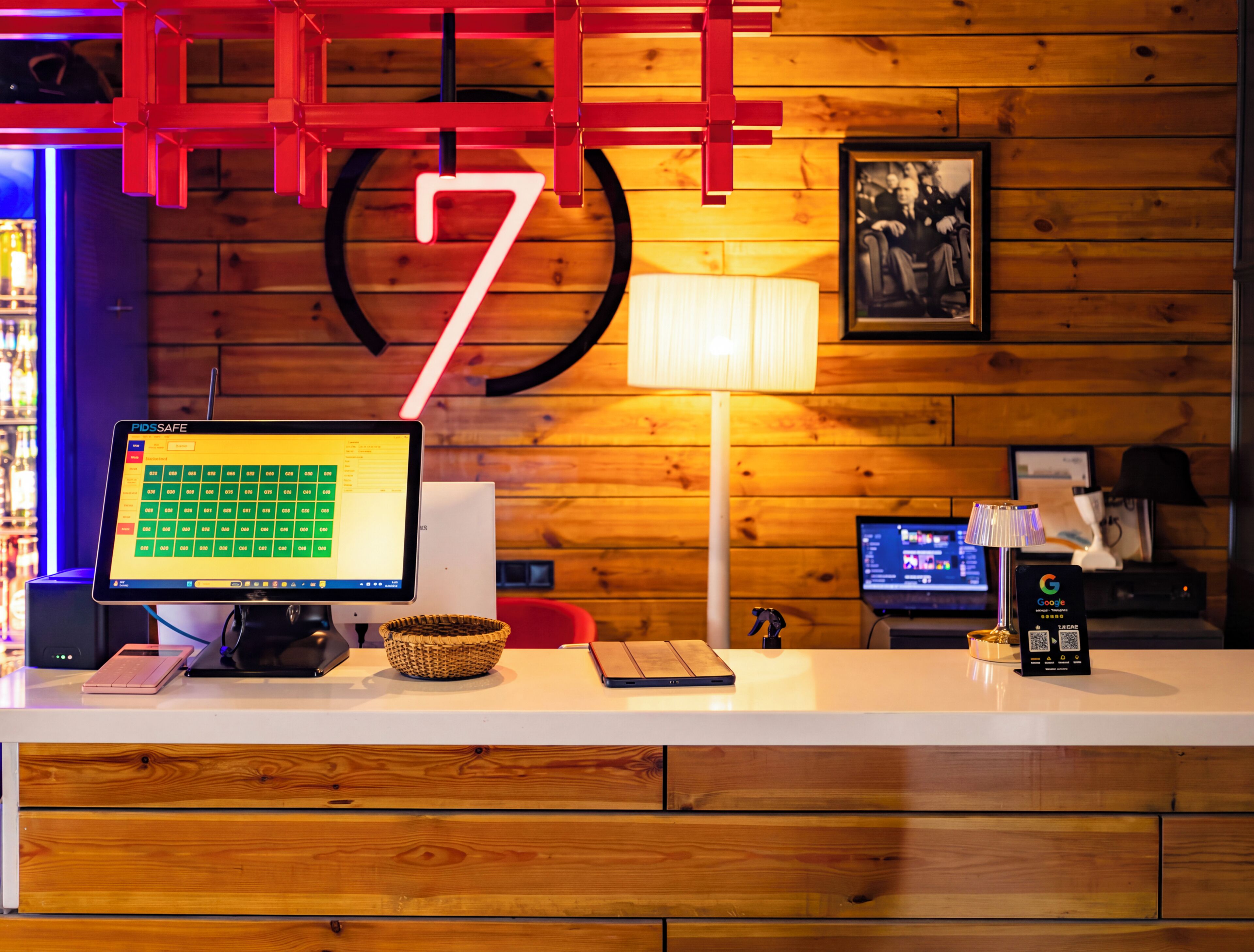 A reception desk with a computer monitor displaying a booking system, a lamp, and a framed picture on the wall.