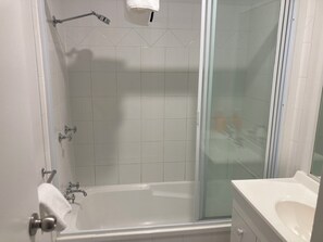 Hair dryer, towels, soap, toilet paper