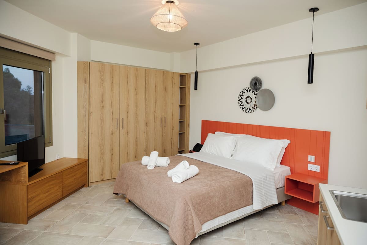 Een moderne slaapkamer met een bed, een houten garderobe, een televisie en een wastafel in de badkamer.
