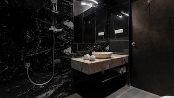 Hair dryer, towels, soap, shampoo