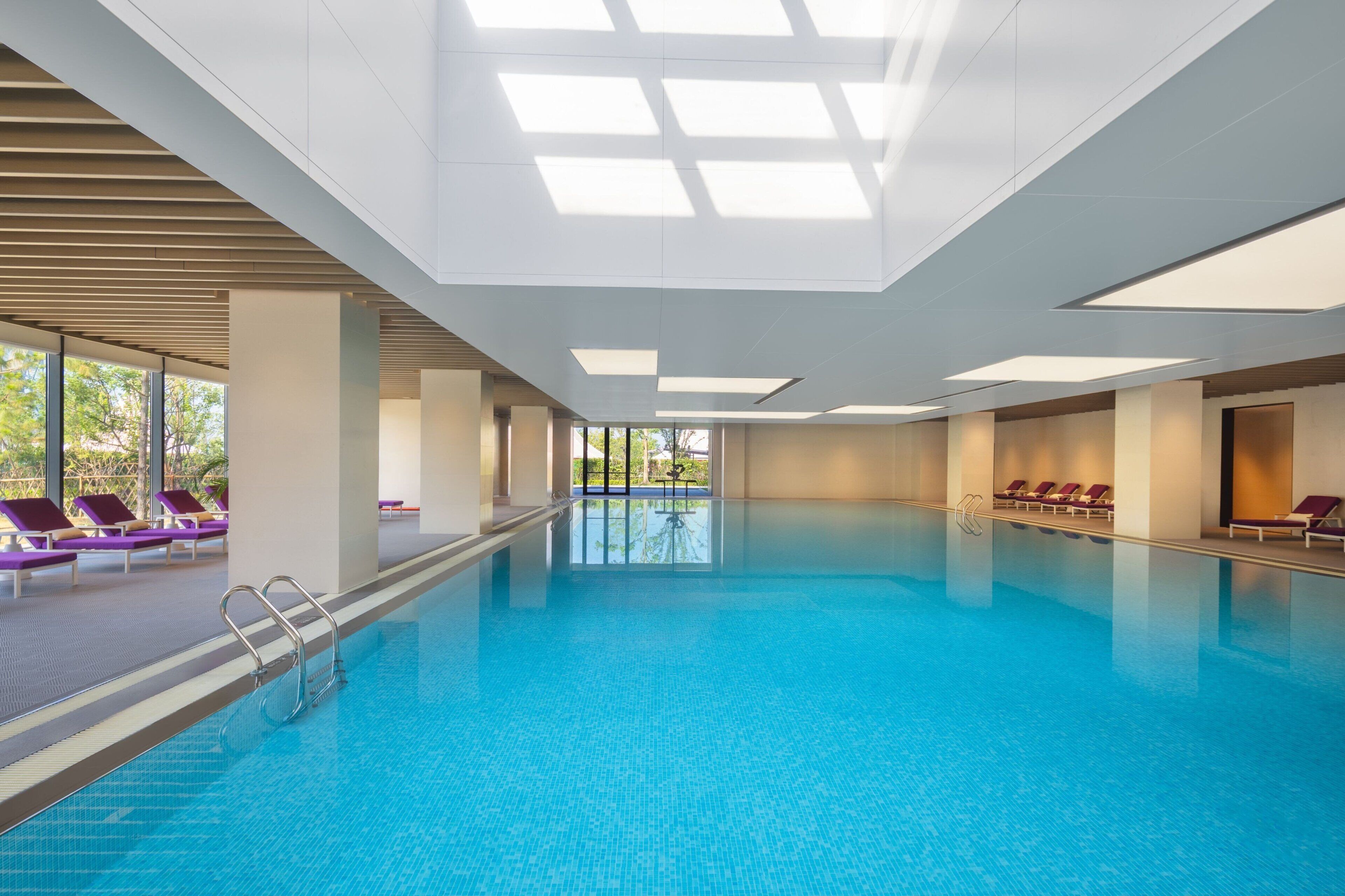 Una piscina interior con agua azul cristalina, rodeada de sillas reclinables moradas y un diseño de techo moderno.