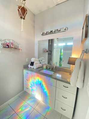 Hair dryer, towels, soap, shampoo