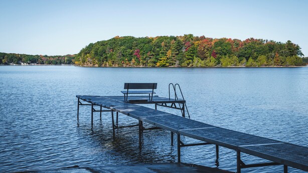 A dock extending into calm water with a bench and a ladder.