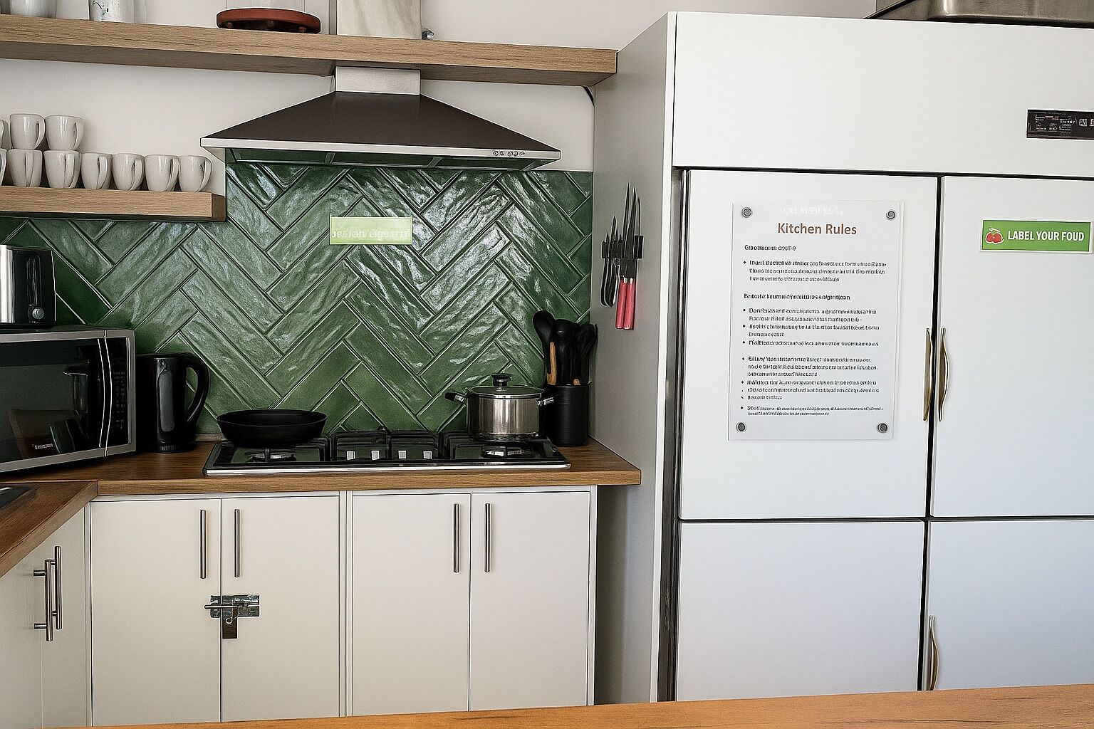 A kitchen with a microwave, stove, and refrigerator, and a sign with kitchen rules.