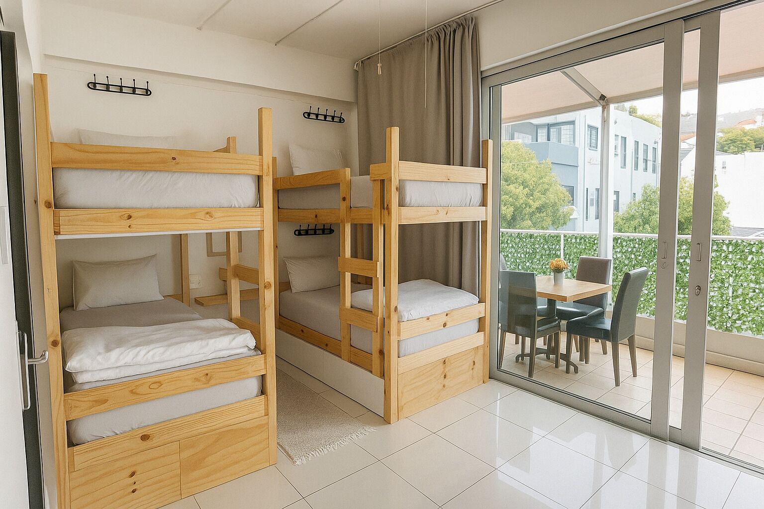 Ein Zimmer mit Etagenbetten, einem Esstisch, Stühlen und einer Glastür zu einem Balkon.