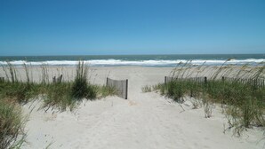 A sandy beach with a wooden fence leading to the ocean. - The Great Escape: Oceanfront 6BR Home (Georgetown)