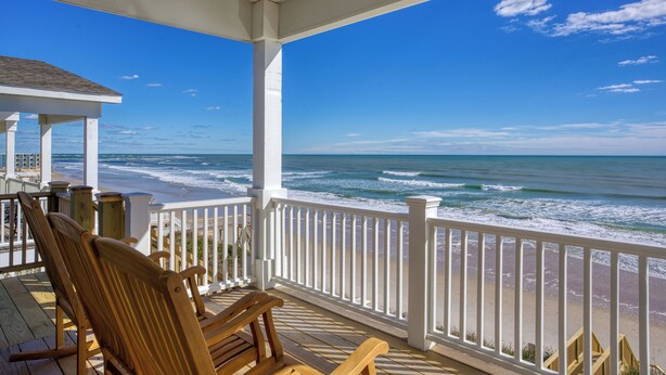 A wooden deck with white railings overlooking a beach. - Paradise #169 - Mini-Resort, Private Pool & Hot Tub, Sleeps 38 (North Topsail Beach)