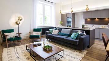 Smart TV, fireplace, books, stereo