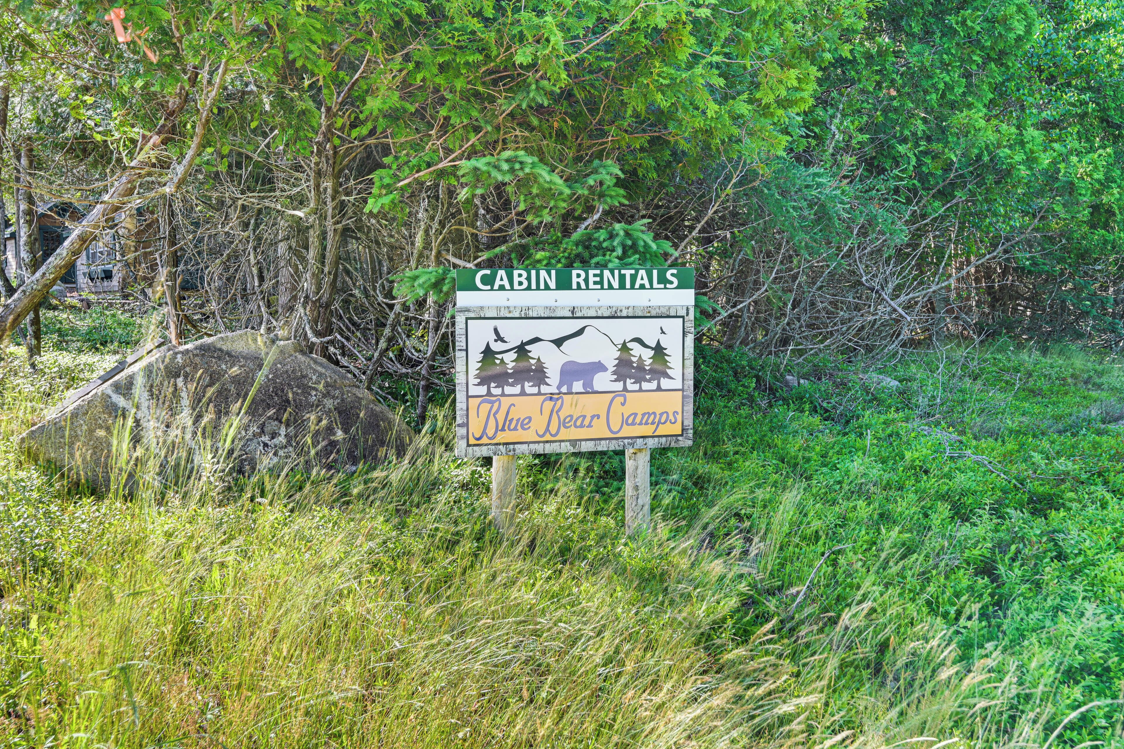 A sign for cabin rentals at Blue Bear Camps.
