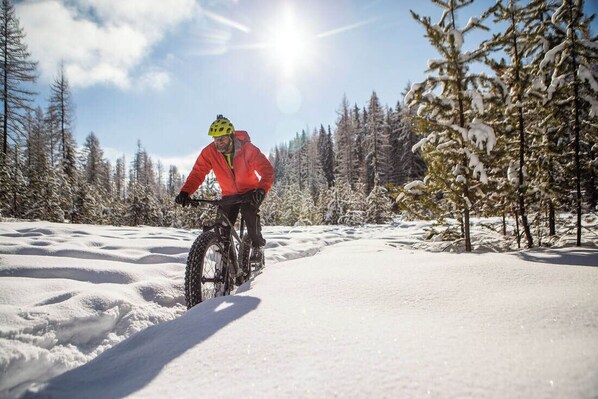 A person riding a snow bike on a snow-covered path surrounded by trees.