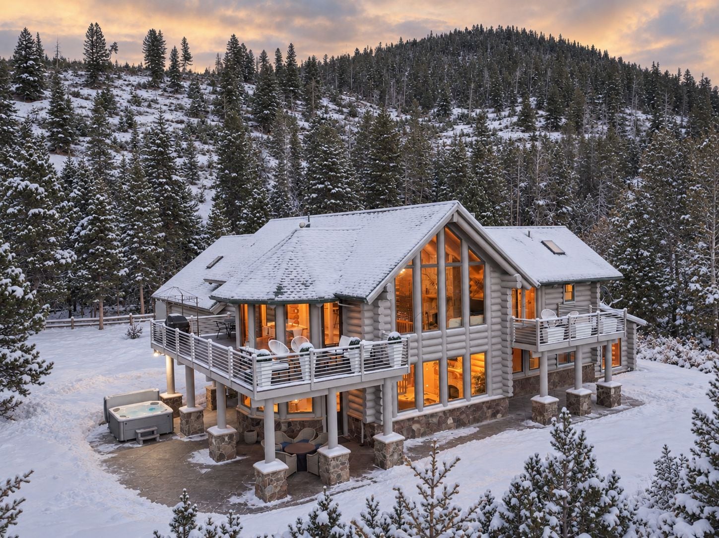 A log cabin with a balcony and hot tub, surrounded by snow-covered trees.