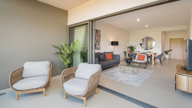 Ein modernes Wohnzimmer mit Korbstühlen, einem grauen Sofa und einem Essbereich mit Holztisch und -stühlen.