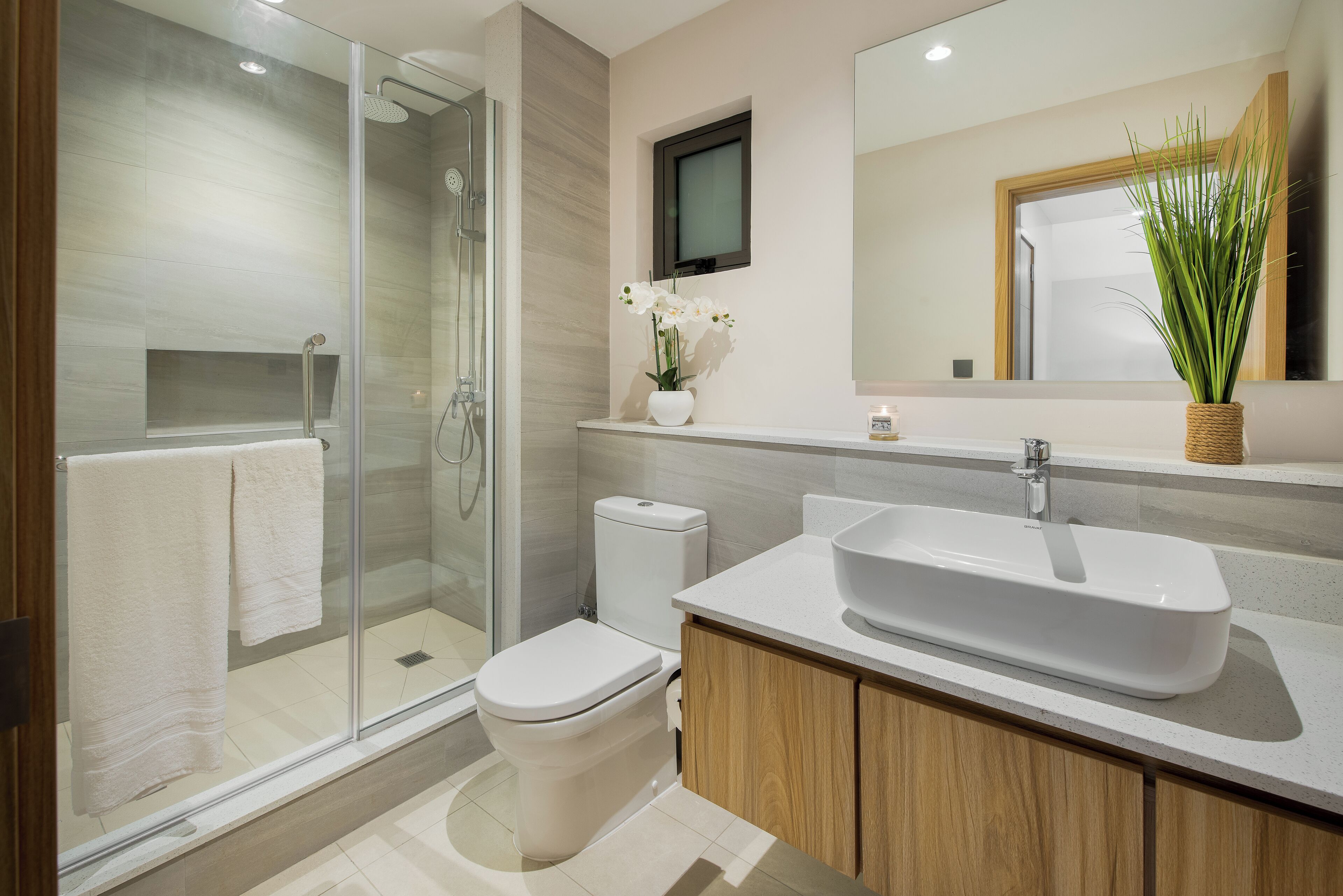 Shower, rainfall showerhead, designer toiletries, hair dryer