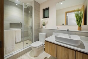 シャワー、レインフォールシャワー、デザイナーバスアメニティ、ヘアドライヤー