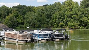 A row of boats docked at a marina with a forested hill in the background.