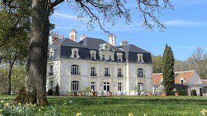 A large, historic building with multiple windows and a symmetrical facade, surrounded by a well-maintained lawn and flowering daffodils. - Les Hayes en Sologne (Fontaines-en-Sologne)