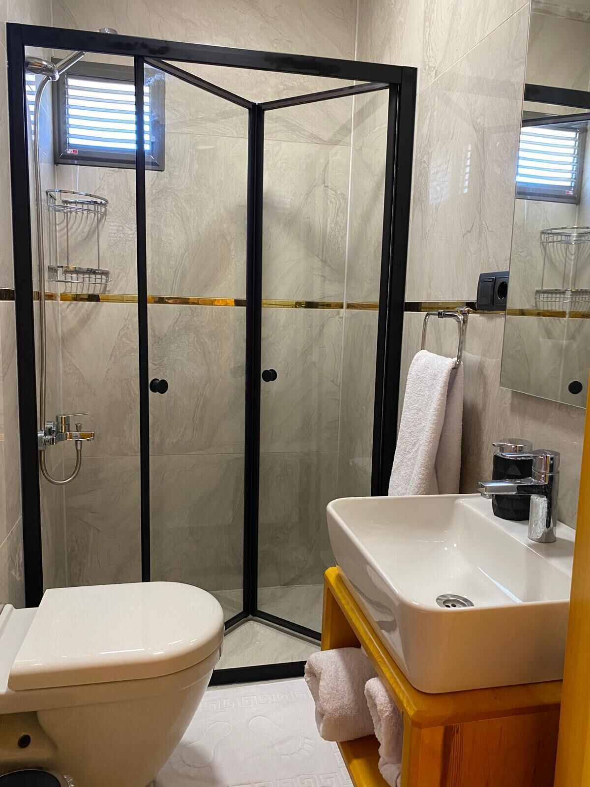 A bathroom with a glass-enclosed shower, a toilet, and a sink with a mirror above it.