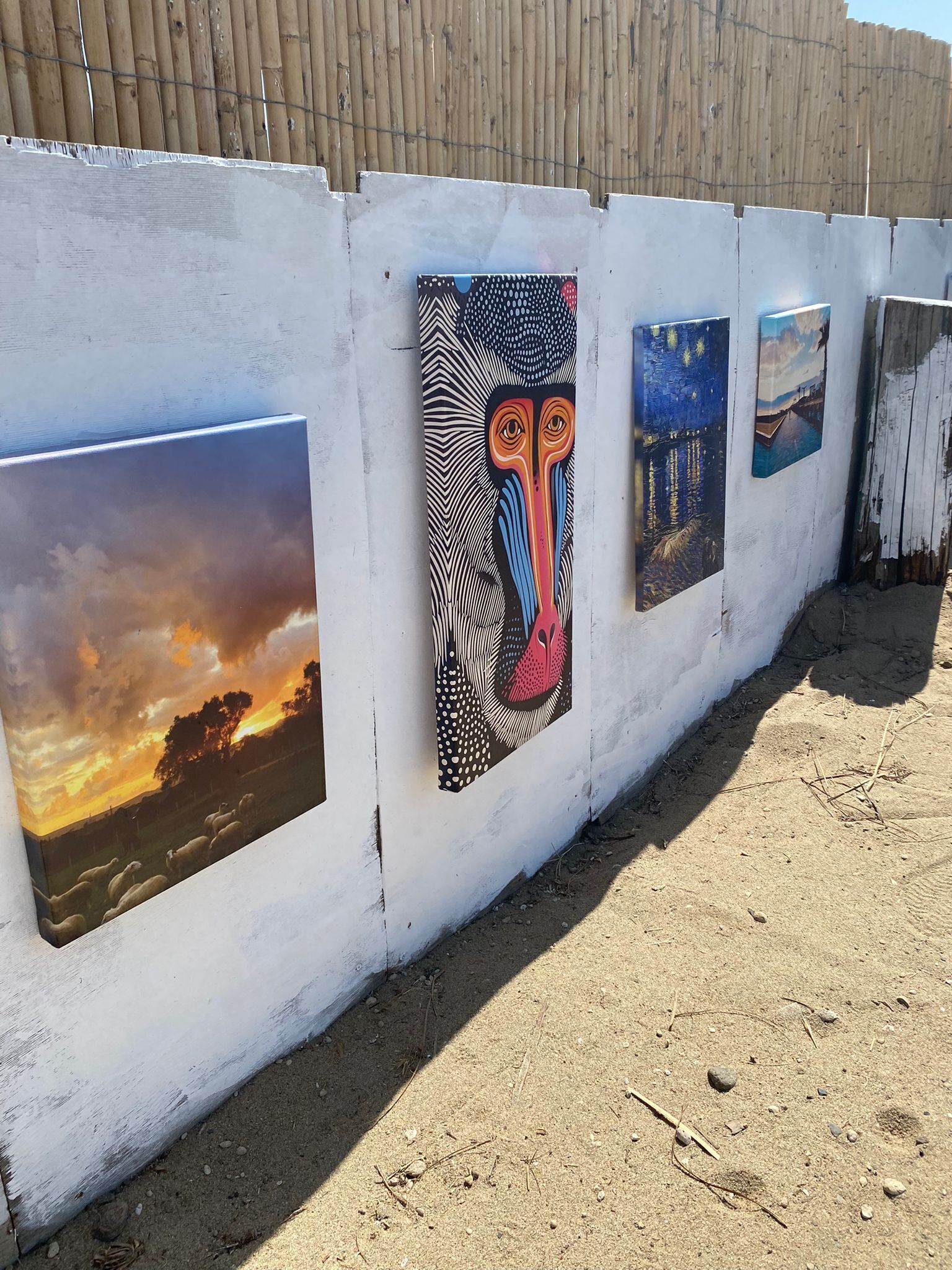 Una serie de obras de arte en una pared blanca, cada una representando escenas diferentes.
