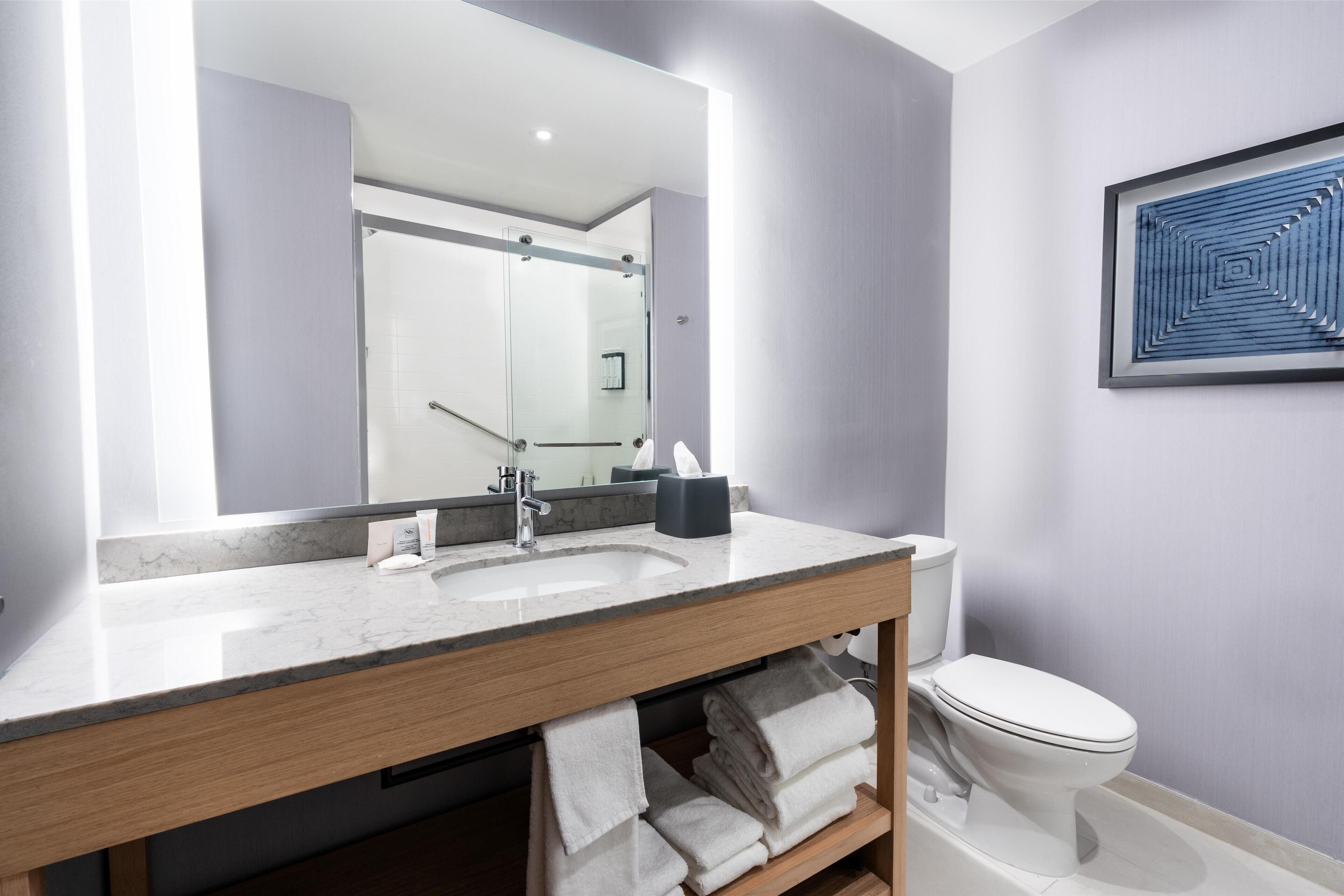 A modern bathroom with a large mirror, a sink, a toilet, and a towel rack.