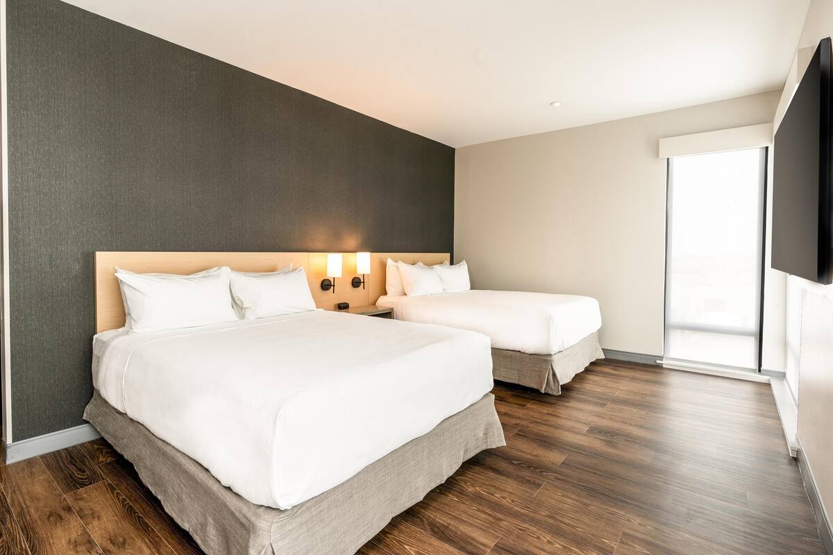 Une chambre d’hôtel avec deux lits, un mur d’accent de couleur sombre, un plancher en bois et une grande fenêtre.