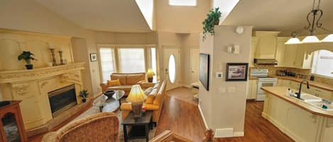 Smart TV, fireplace, video games, DVD player