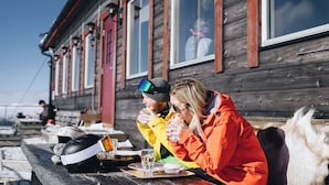 A wooden cabin with large windows and a bench outside. - Parkstigens Lägenheter (Funasdalen)