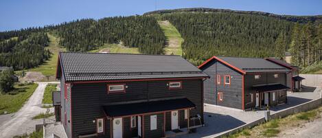 Two cabins with a gravel driveway and a forested mountain in the background.