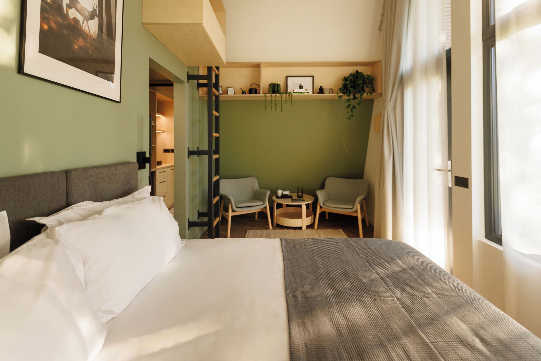 Ein Hotelzimmer mit Bett, Schreibtisch, zwei Stühlen, einem kleinen Tisch und einer grünen Wand.