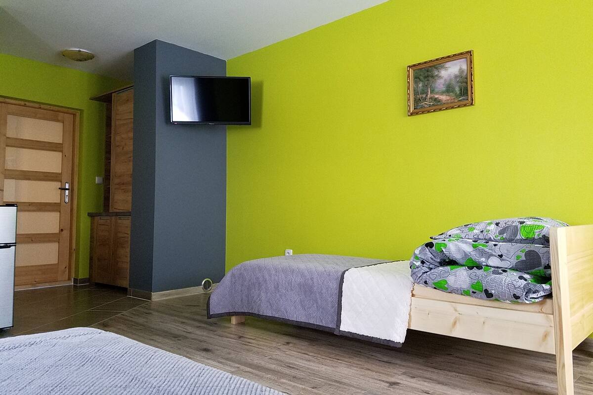 A room with a bed, a television mounted on the wall, and a door.