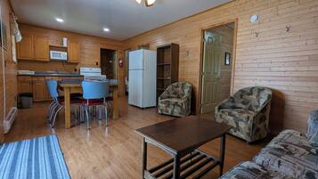 A compact living space with a kitchenette, a dining area, and a seating area with patterned furniture.