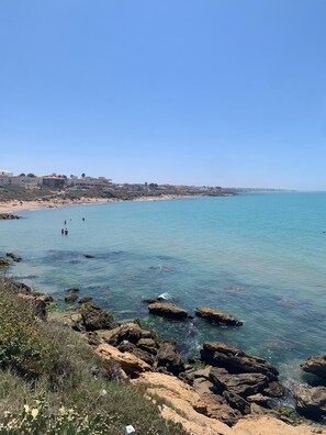 Plage à proximité, chaises longues, serviettes de plage