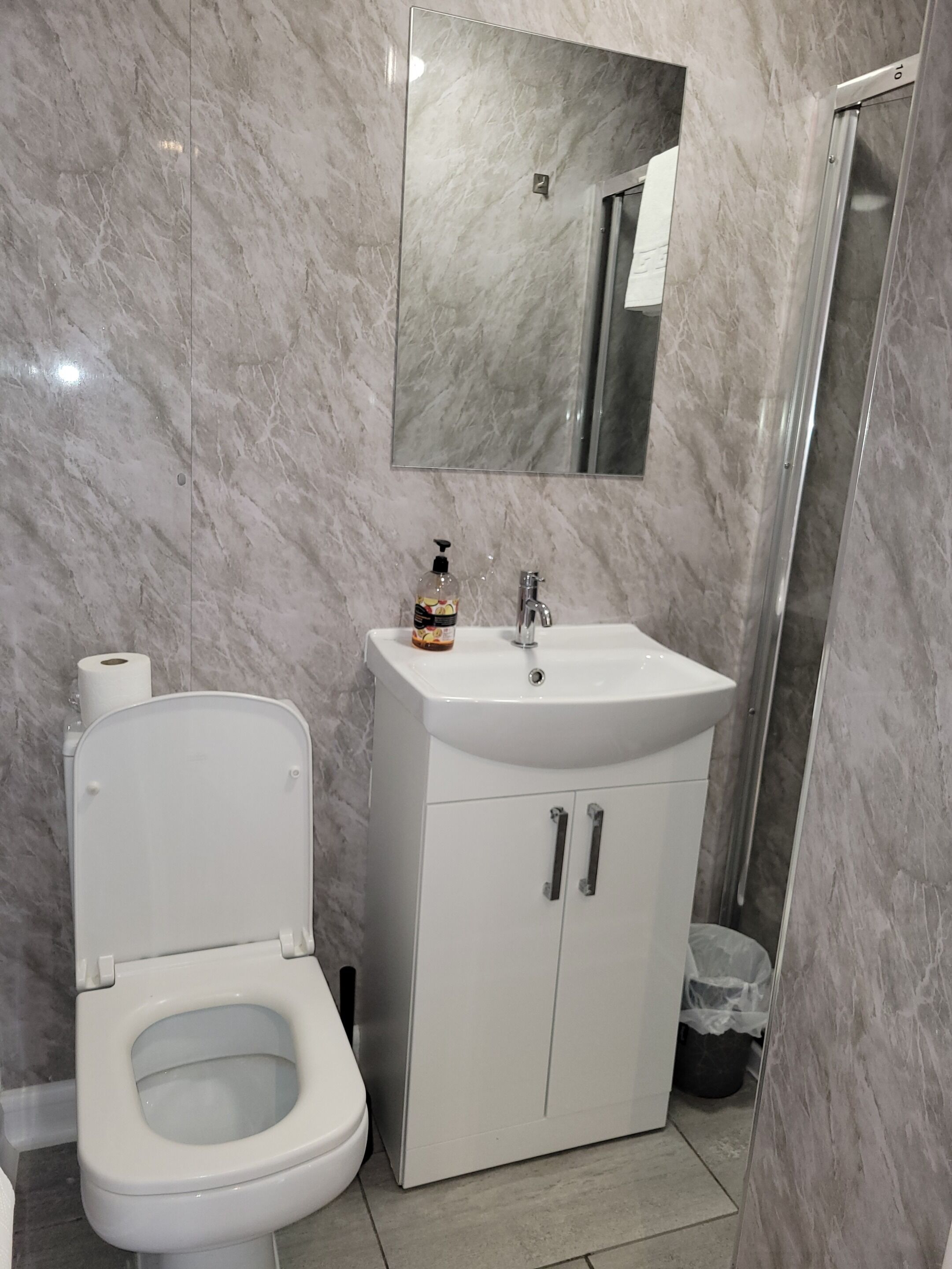 A bathroom with a toilet, a sink, a mirror, and a shower area.