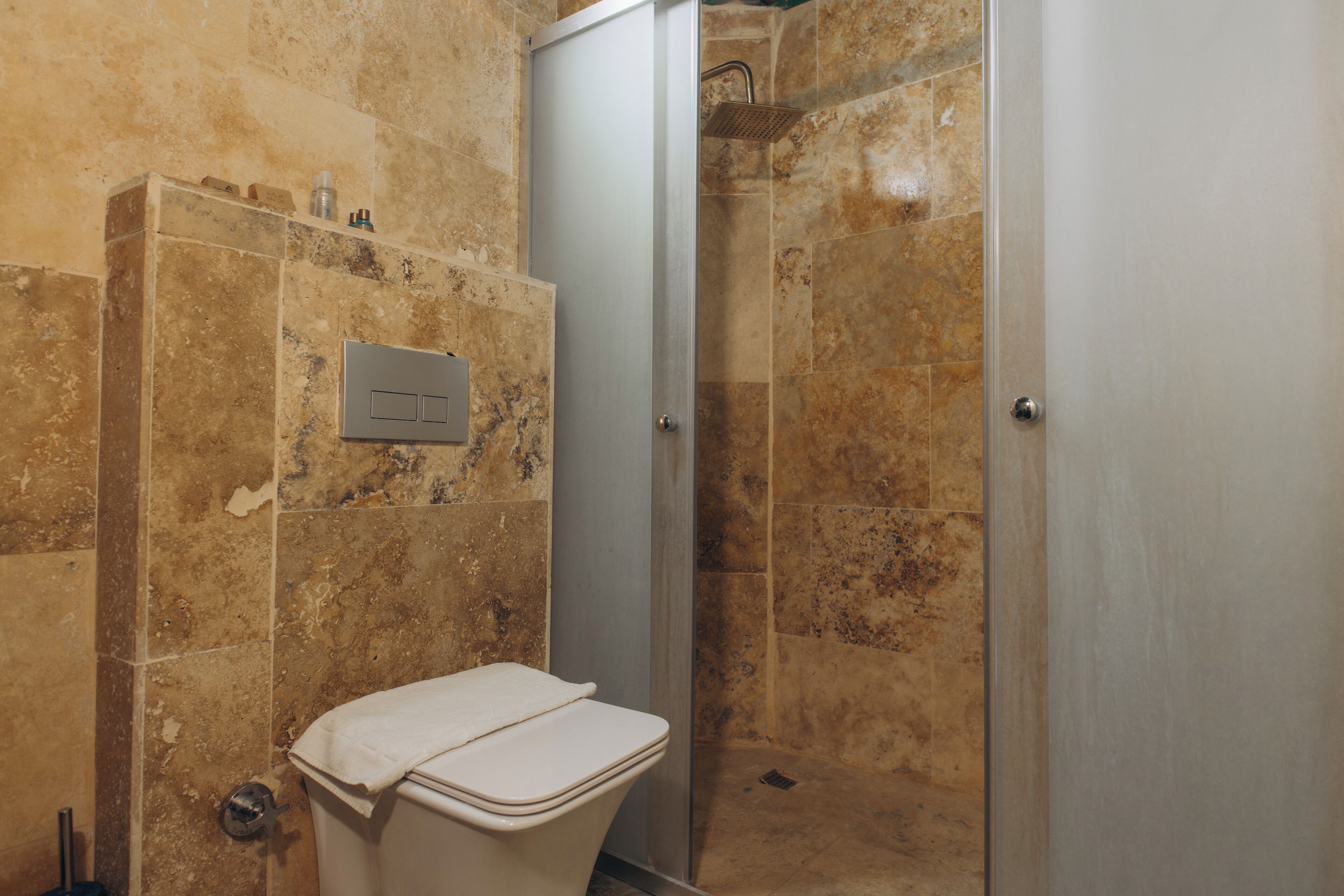 A bathroom with a toilet, shower, and a towel rack.