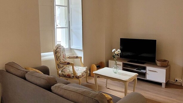 A living room with a sofa, a television, a coffee table, and a chair. - Gentiane *** 5 people (Bagnères-de-Luchon)