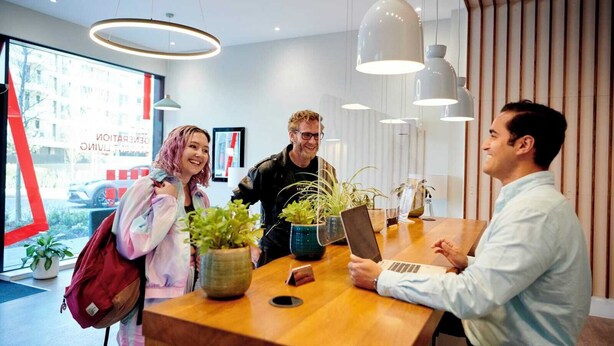 Un comptoir d’accueil avec un plateau en bois, des plantes en pot et un éclairage moderne suspendu.