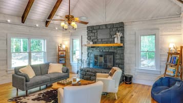 TV, fireplace, books