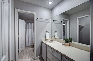 Bathroom features a large mirror, sink, and towel rack, with a door leading to another room.